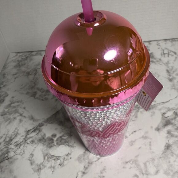 BARBIE x SKINNY DIP Tumbler With Dome Top & Straw BARBIE Logo Pink Bling New - Picture 2 of 5